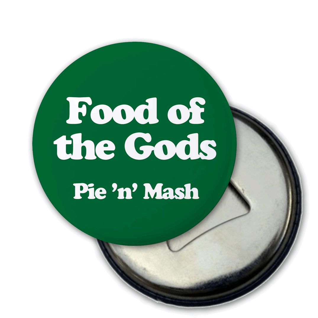 green badge with a retro font saying 'Food of the Gods' with a small 'pie and mash' underneath - so it's obviously describing pie and mash