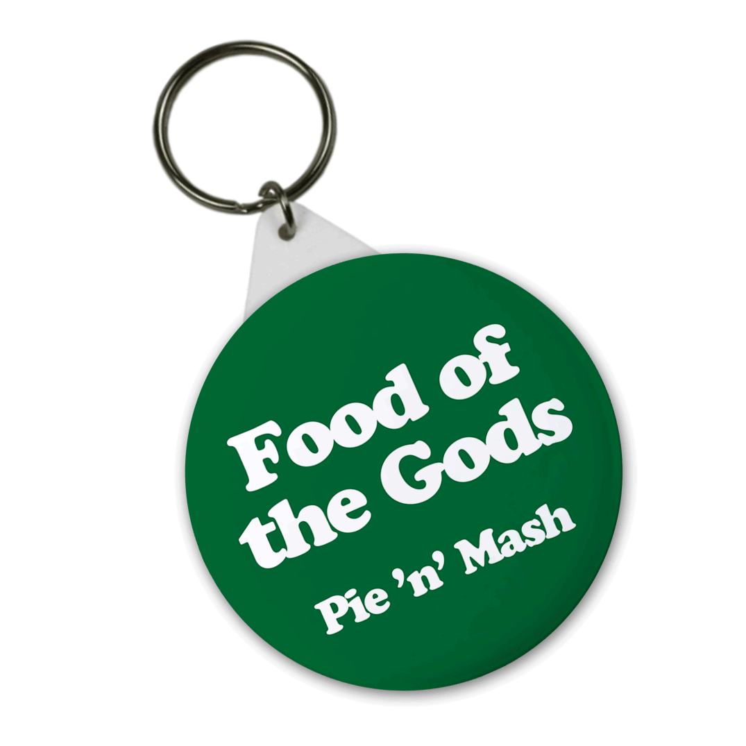 green badge with a retro font saying 'Food of the Gods' with a small 'pie and mash' underneath - so it's obviously describing pie and mash